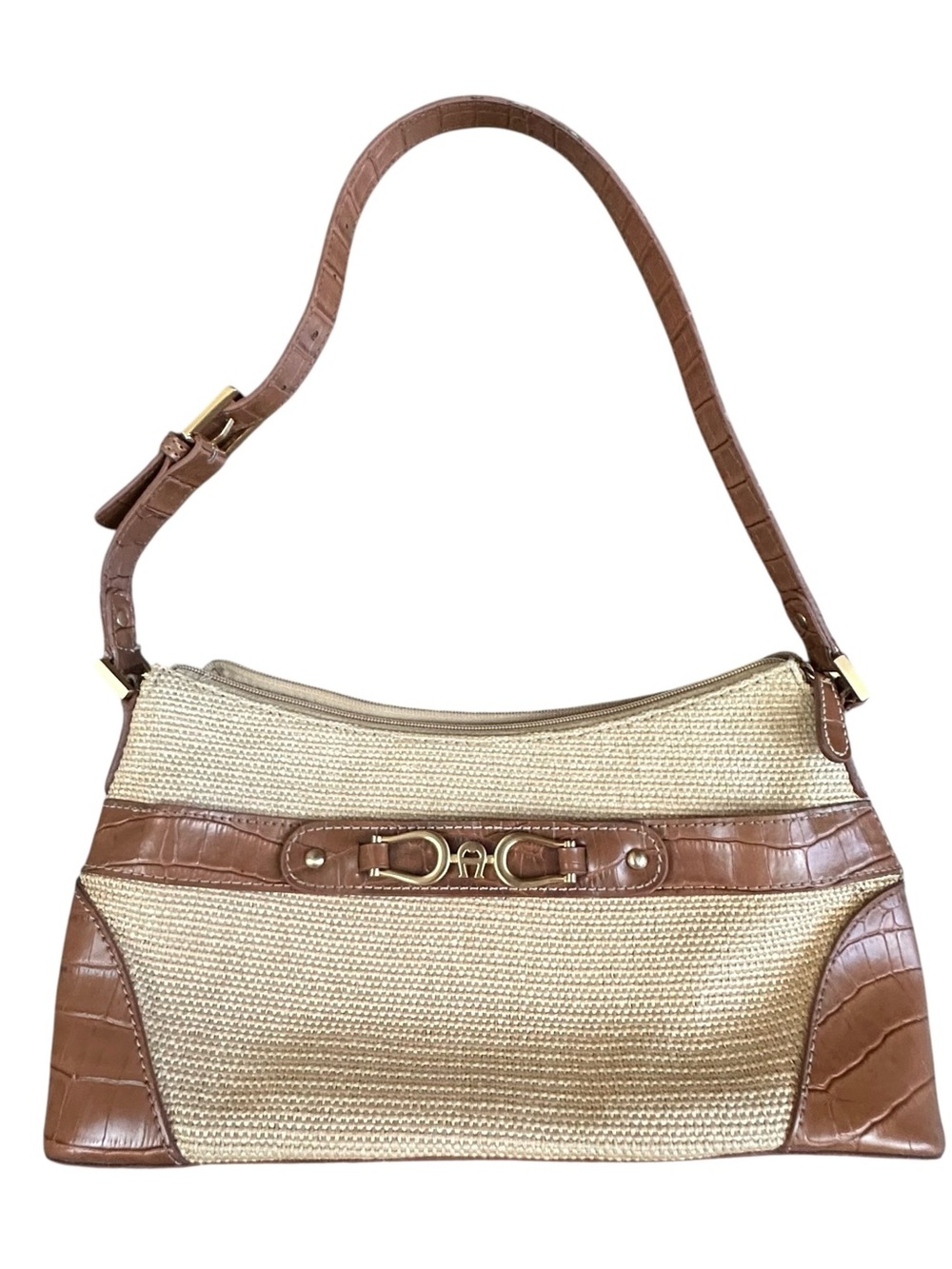 Etienne Aigner Y2K Straw Baguette Shoulder Bag Tan Faux Croc Horsebit Purse